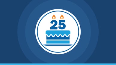 Insight Experience 25th anniversary badge with a birthday cake and two candles